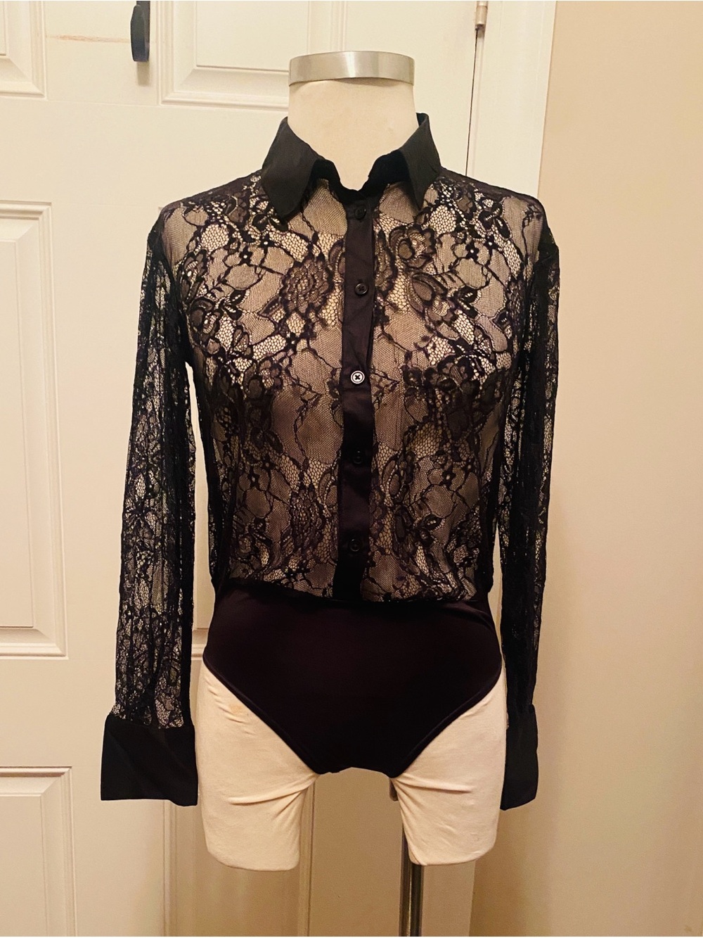 Anthropologie Black Lace Sheer Button-Down Bodysuit